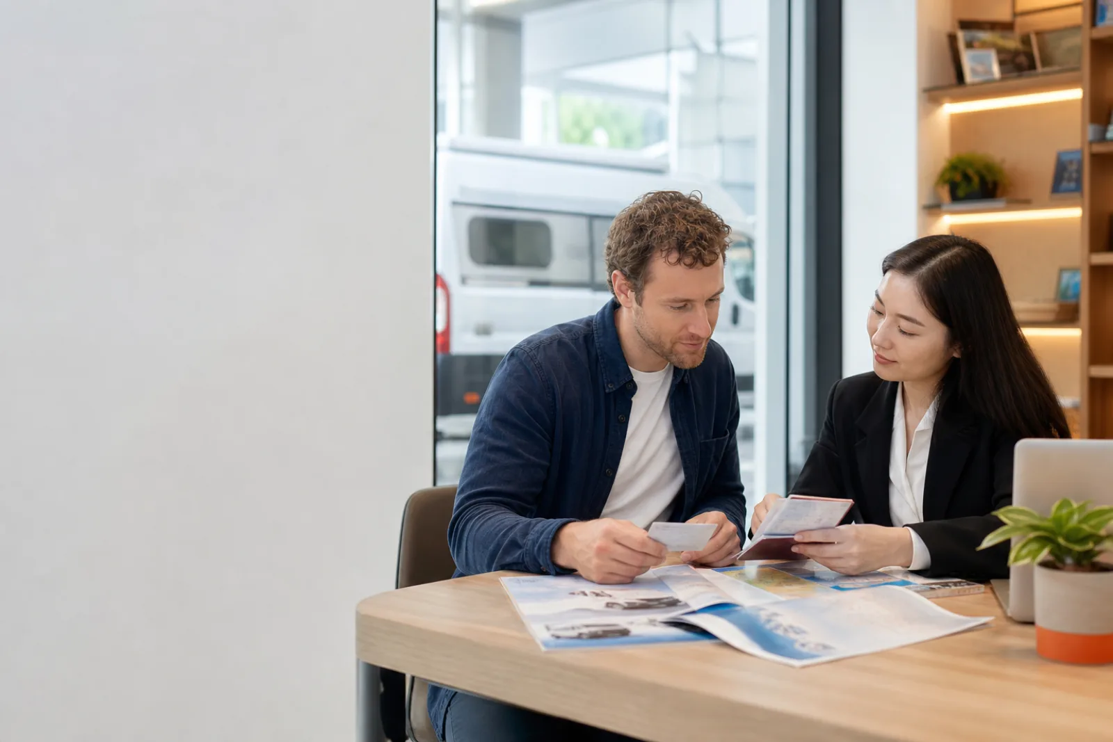 International traveller reviewing driving permit documents with an English-speaking service advisor